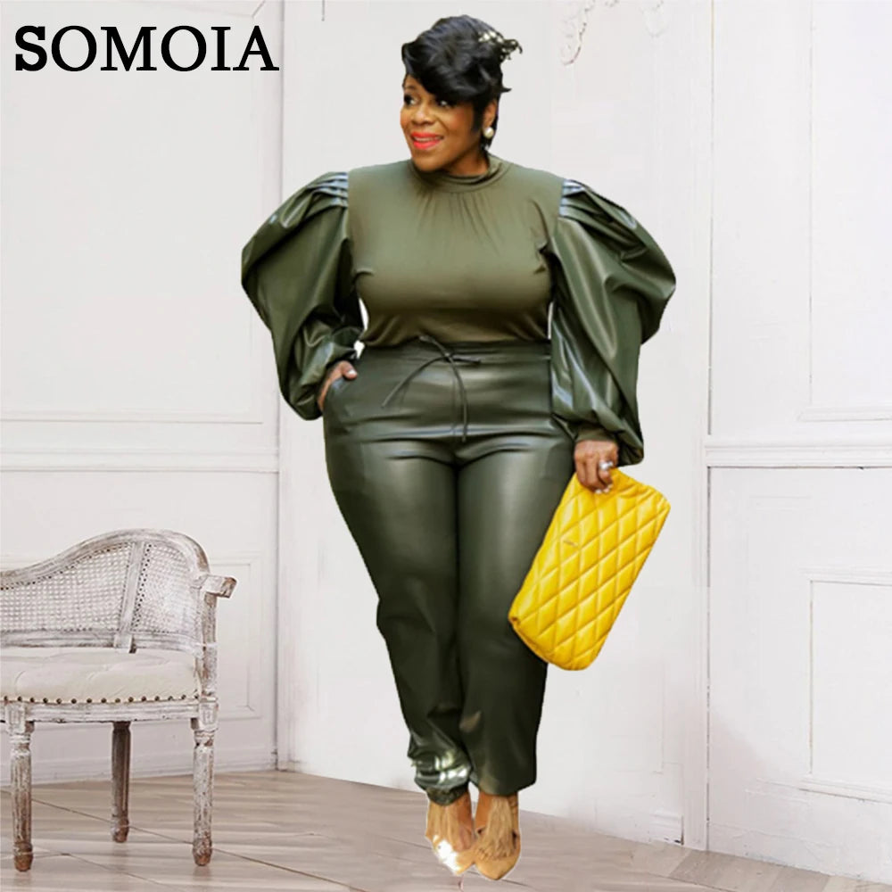 Plus Size Leather Two Piece Set XL-5XL PU Fashion Women's Clothing
