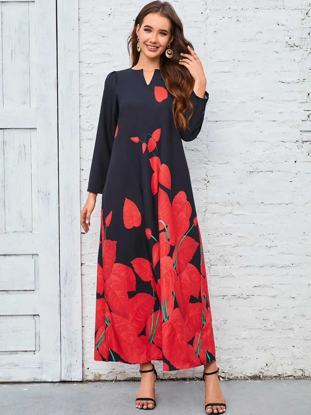2023 New Plus Size Women Dress Autumn Winter Floral Printed Maxi