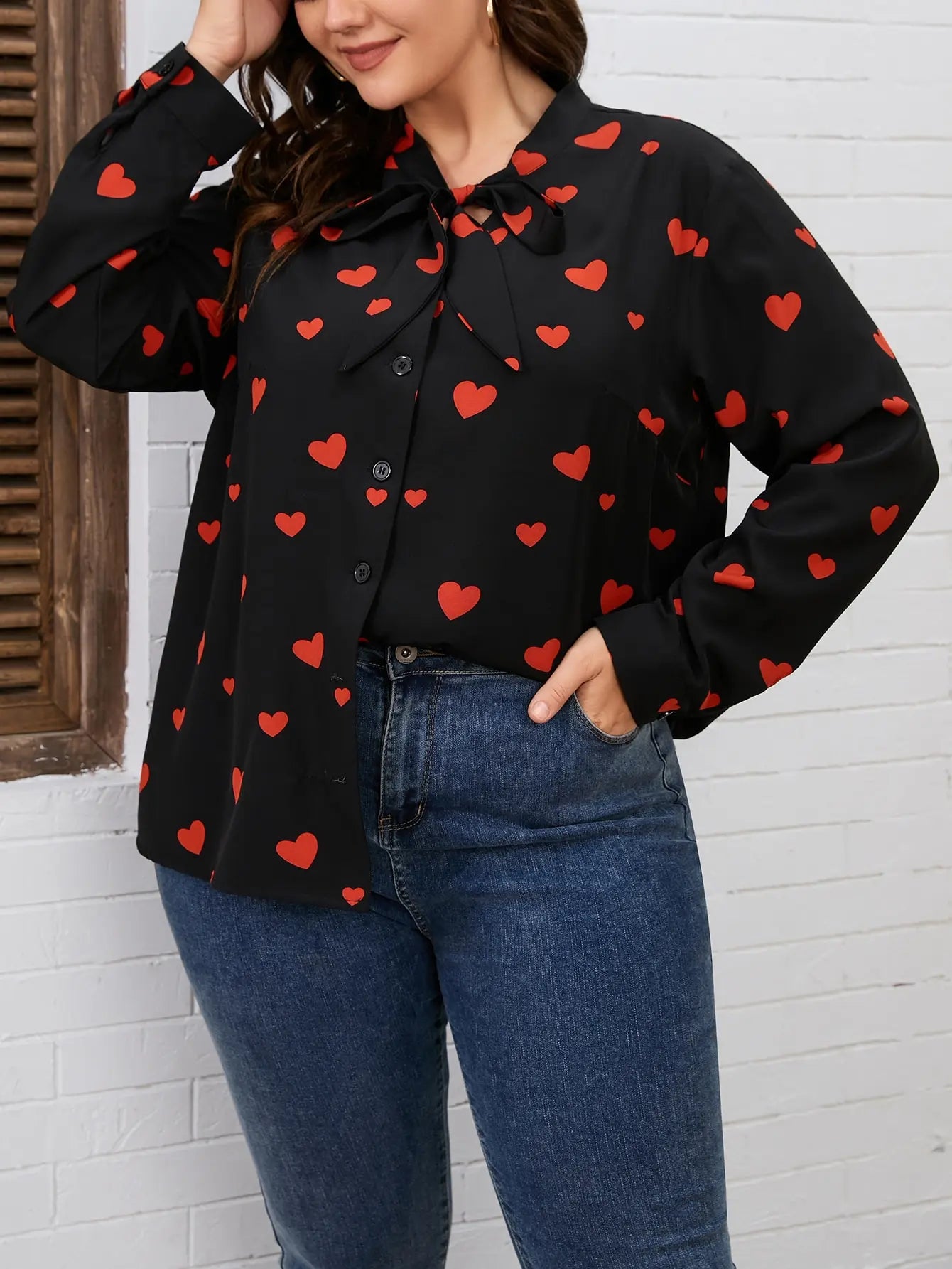 Finjani Plus Size Women Blouse Heart Print Bow Long Sleeve Top Top