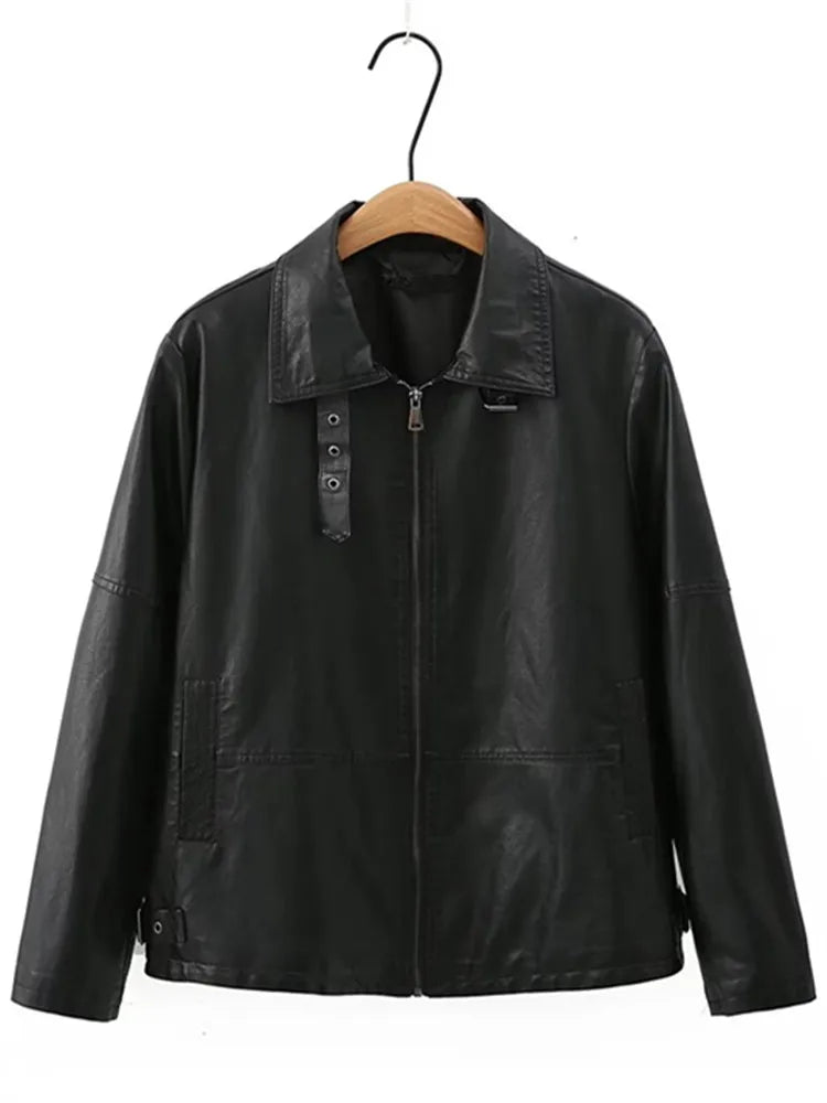 Plus Size Women's Clothing Leather Jacket Lapel Long Sleeve Autumn And