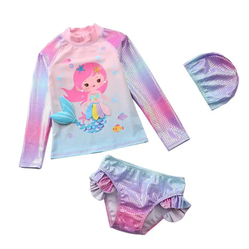 Kids Girls Swimsuit Two Piece With Swimming Cap Long Sleeve Bathing
