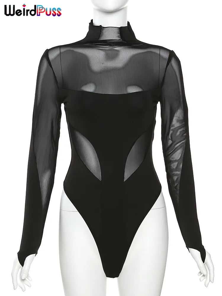 Weird Puss Sexy Wild Women Bodysuit Long Sleeve See Through Skinny