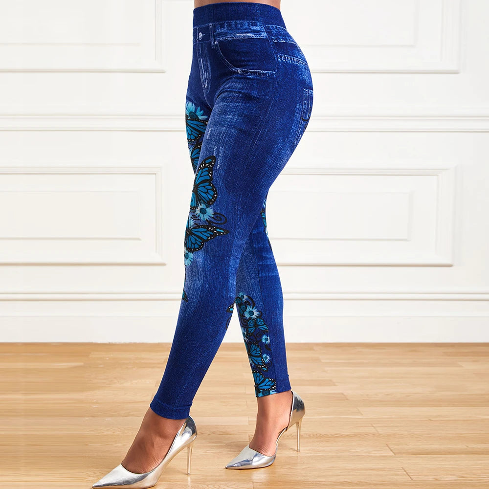 Plus Size Oversized Women High Waist Stretchy Legging Denim Look