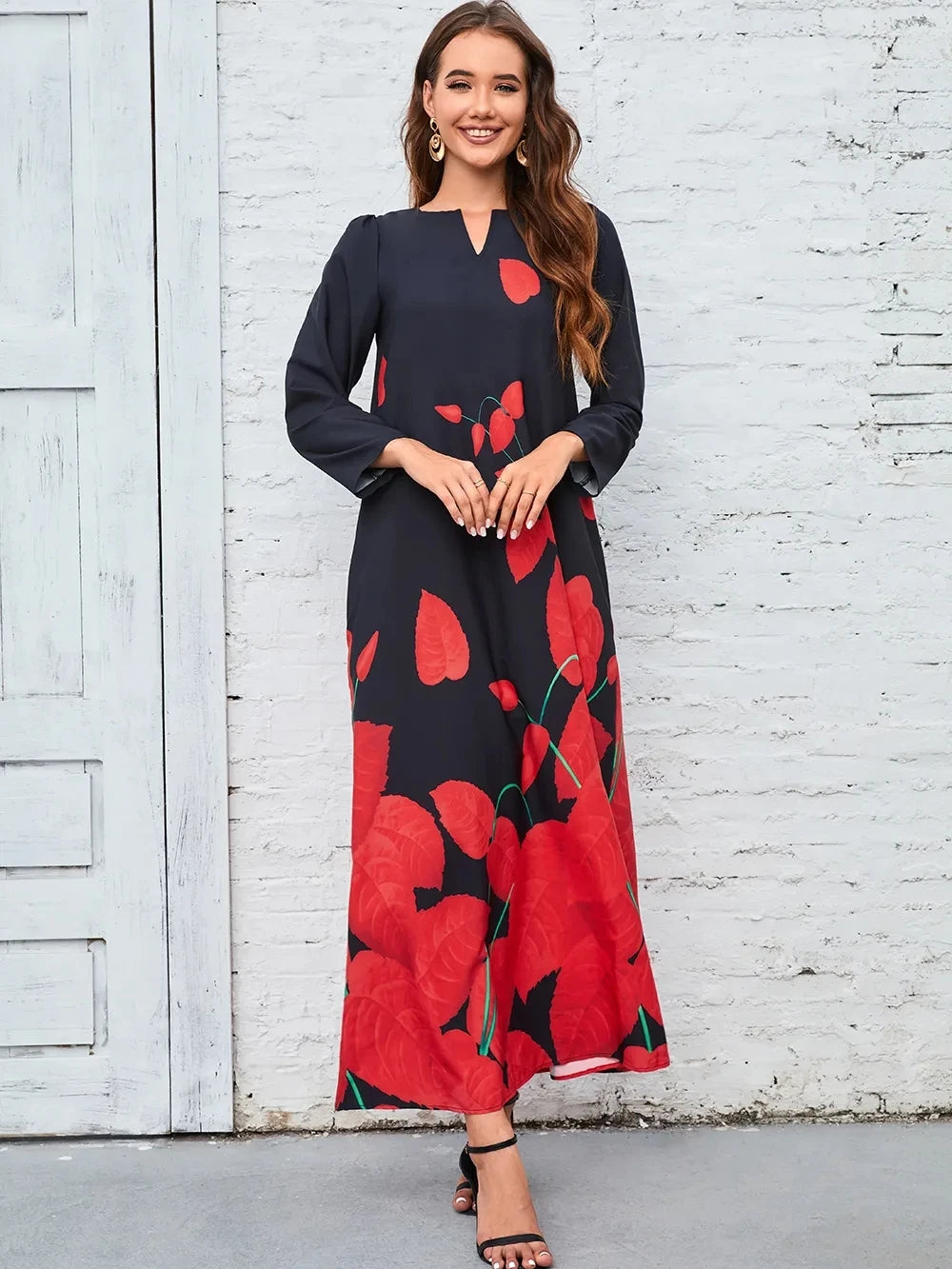 2023 New Plus Size Women Dress Autumn Winter Floral Printed Maxi
