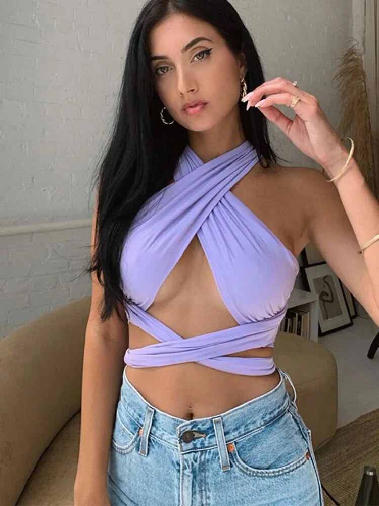 Women Strappy Cross Over Front Cut Out Halter Neck Sleeveless Backless