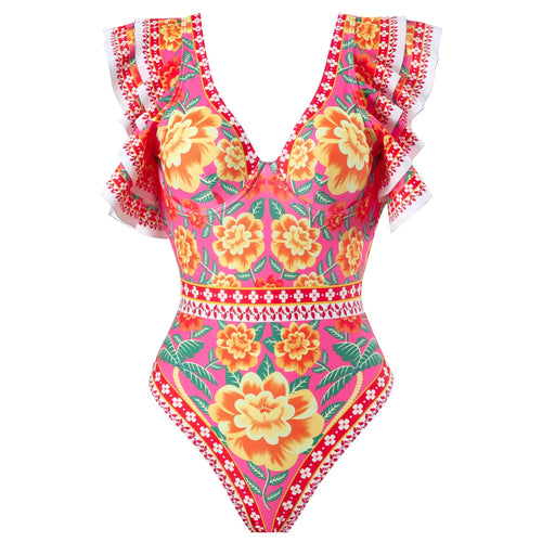 Baroco Style Printed One Piece Swimsuit for Women 2024 New Ruffle