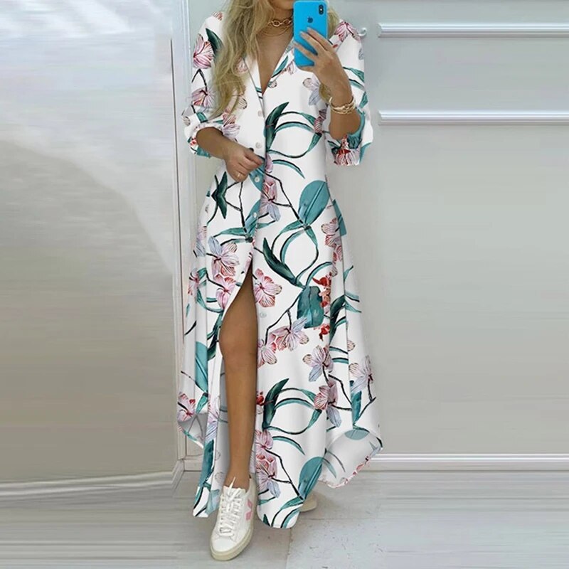 New Autumn Plus Size Women Dress Loose Print Long Sleeve Elegant Long