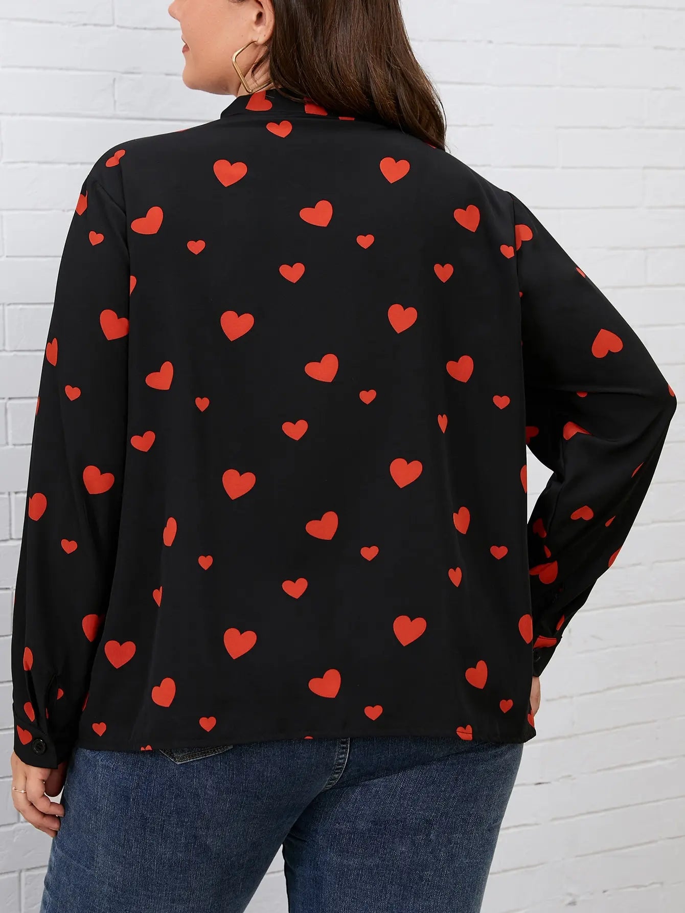 Finjani Plus Size Women Blouse Heart Print Bow Long Sleeve Top Top