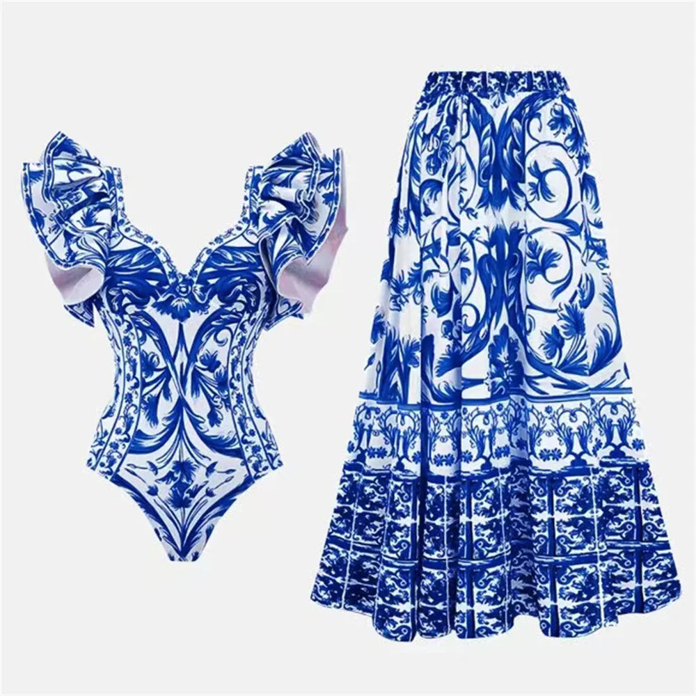 Baroco Style Printed One Piece Swimsuit for Women 2024 New Ruffle