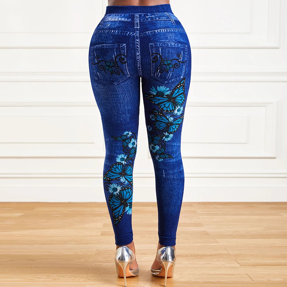 Plus Size Oversized Women High Waist Stretchy Legging Denim Look