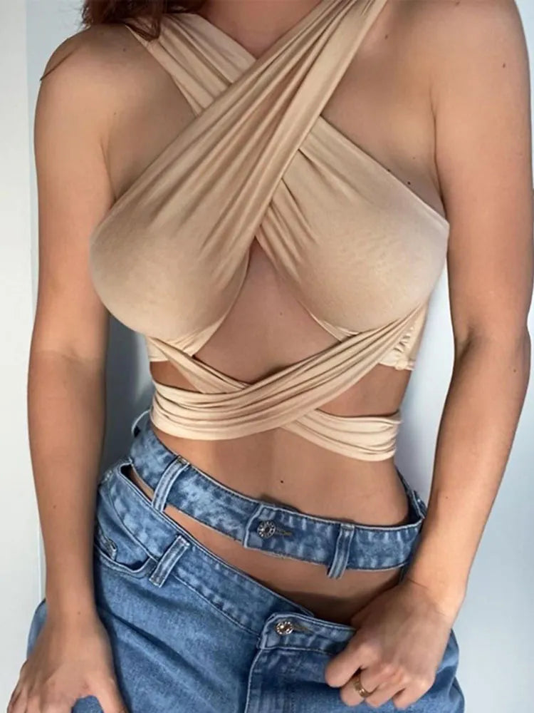 Women Strappy Cross Over Front Cut Out Halter Neck Sleeveless Backless