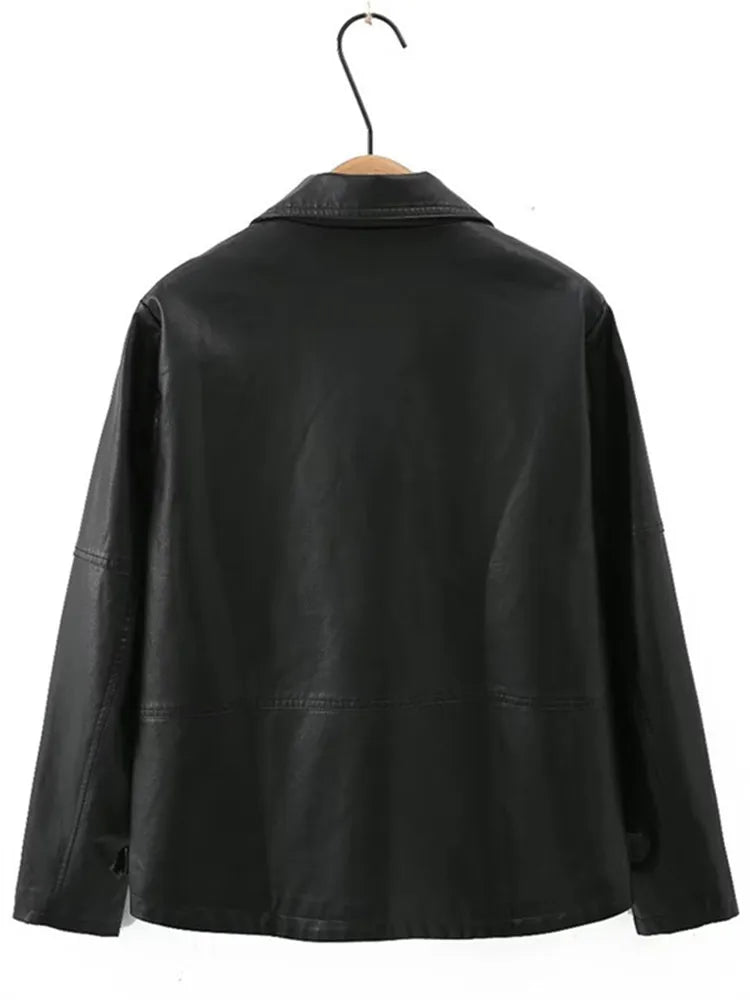 Plus Size Women's Clothing Leather Jacket Lapel Long Sleeve Autumn And