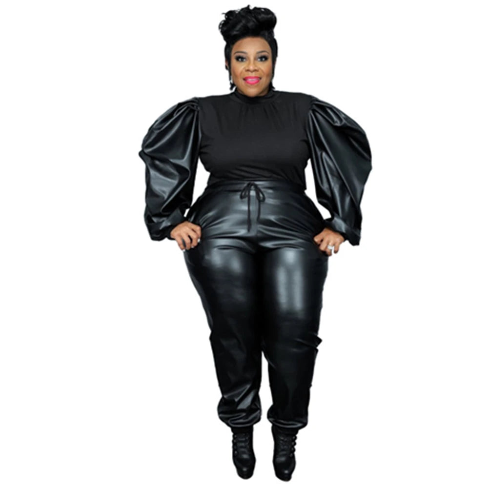 Plus Size Leather Two Piece Set XL-5XL PU Fashion Women's Clothing