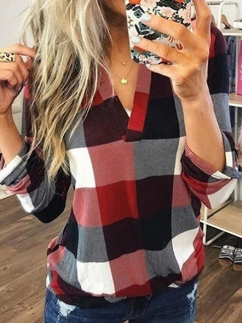 Plus Size Women Autumn Plaid Check V Neck Blouse Shirt Oversize Ladies