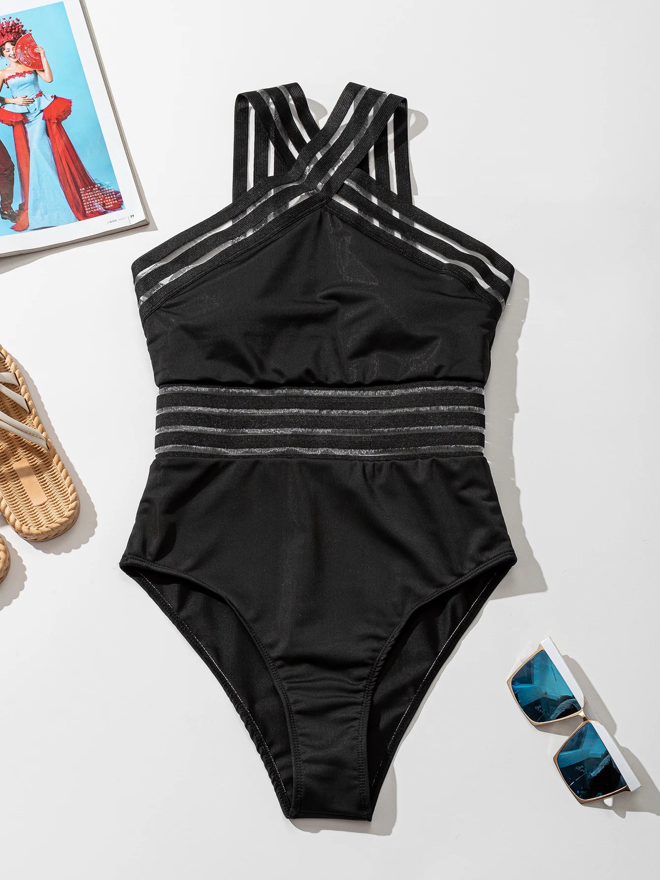 2024 women one piece swimsuit sexy Mesh splicing swimwear push up