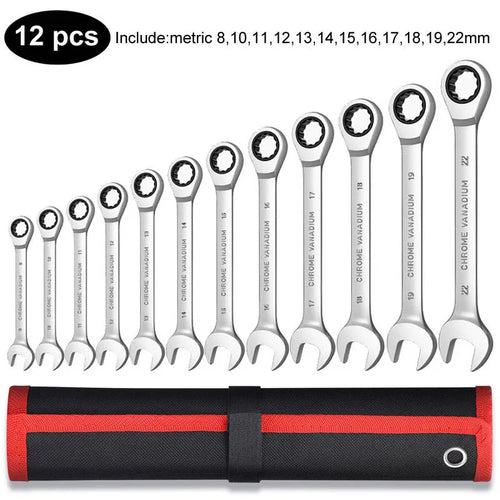 Ratcheting Combination Wrench Set,12 Point Box End and Open End Wrench
