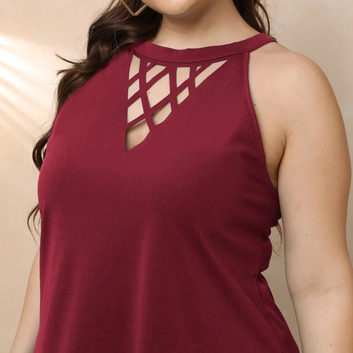 GIBSIE Plus Size Solid Cut Out O-Neck Halter Tops Women xxxl 4xl Black