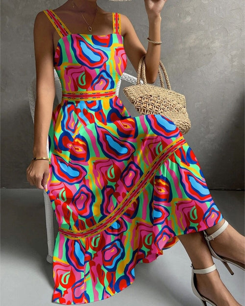Geometric Print Patchwork Sleeveless Maxi Dress