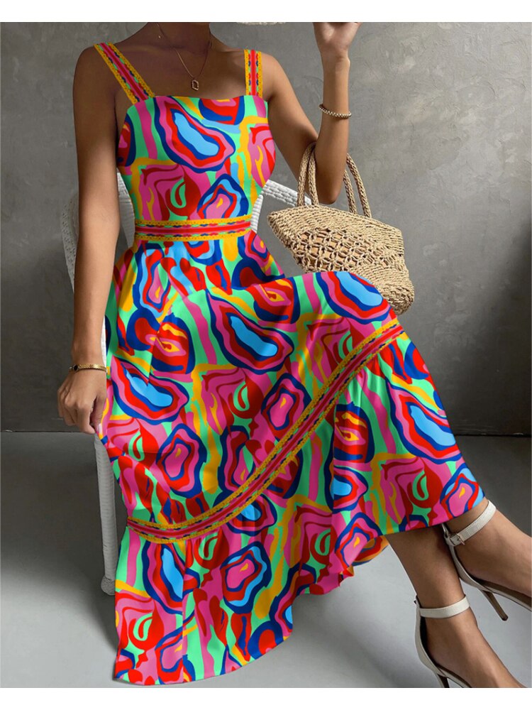 Geometric Print Patchwork Sleeveless Maxi Dress