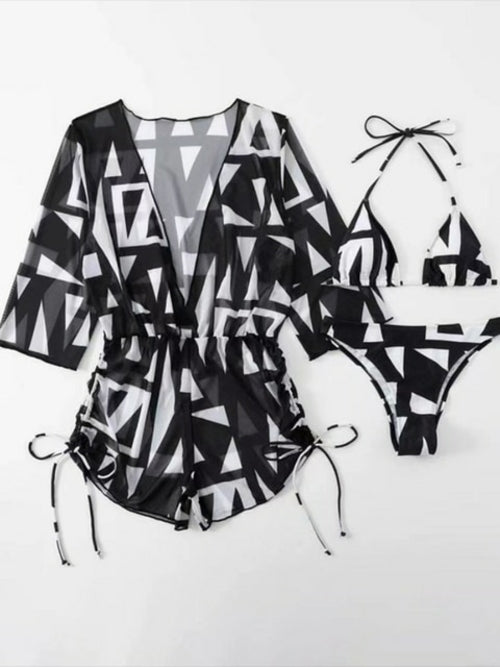 3 Pieces Bikini Tropical Print Swimsuit Halter Drawstring Side