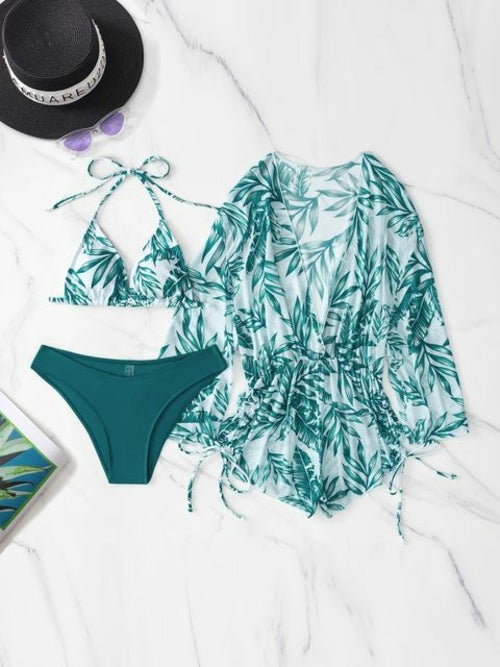 3 Pieces Bikini Tropical Print Swimsuit Halter Drawstring Side