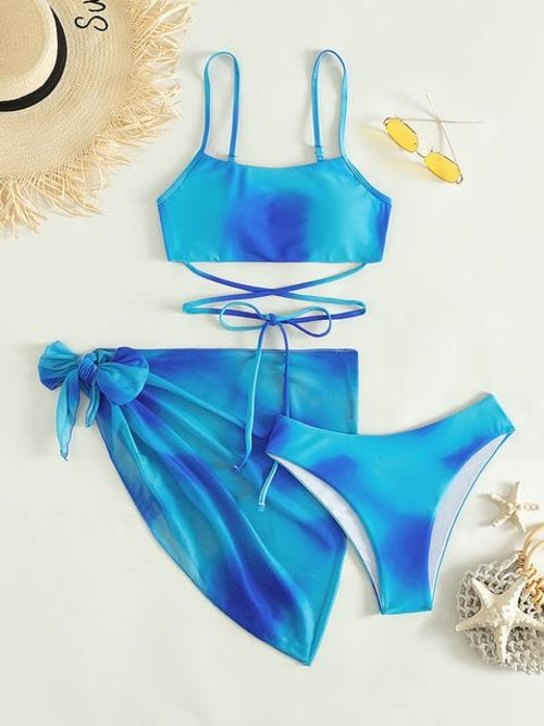 3 Pieces Ombre Lace Up Bikini Swimsuit & Beach Skirt Sexy Swimwear