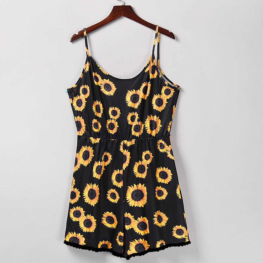 30h  Jump Suit Women O Neck Sunflower Print Bodysuit Blet Waist Mini