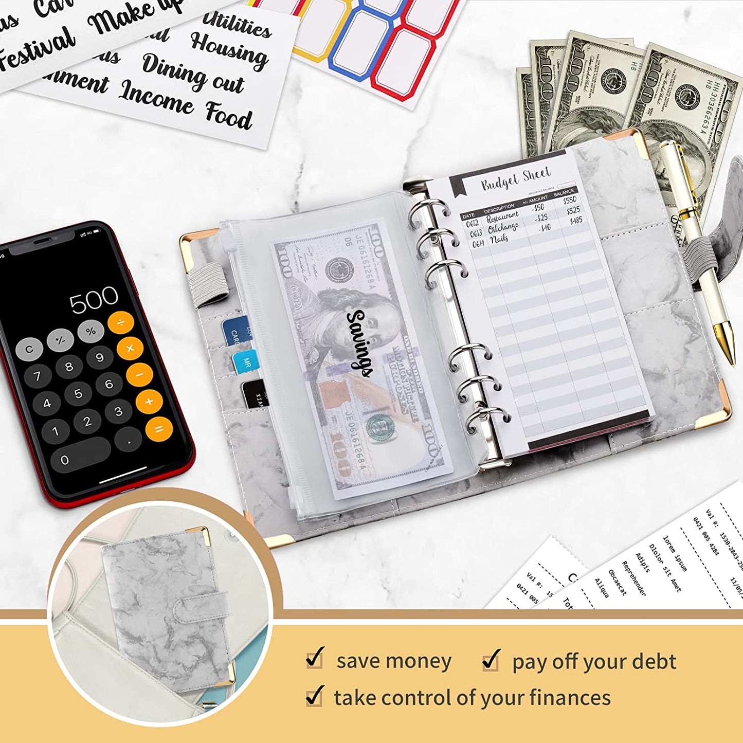 A6 Budget Planner Pu Leather Notebook Binder Organizer Cash Envelopes