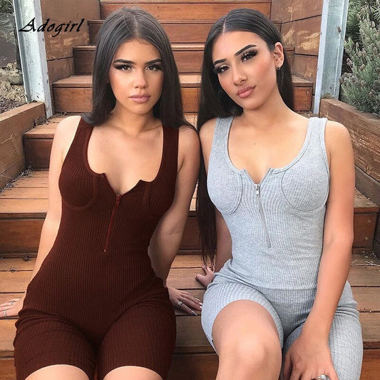Black Grey Knit Ribbed Bodycon Playsuit Sexy Biker Shorts Jumpsuit