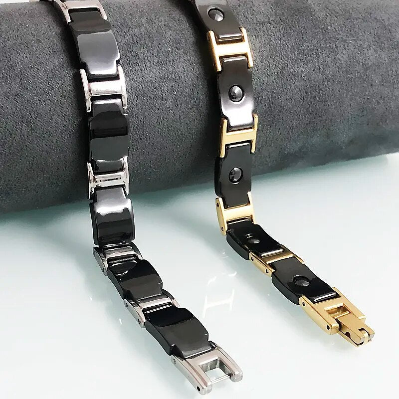 Health Benefit Magnetic Therapy Men's Bracelets Black Ceramic Gold
