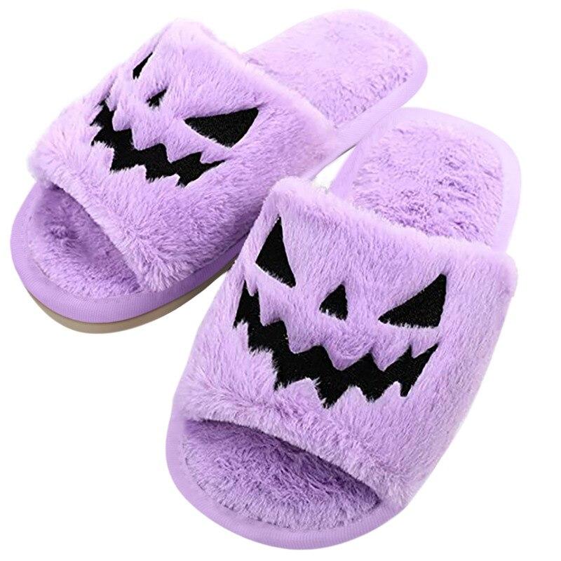 Halloween Pumpkin Slippers Open Toe Women Fuzzy Slippers Color Black