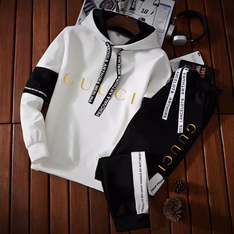 Men's Luxury Print Sweatshirt Set Hoodies+Sweatpants Outdoor Sports