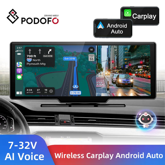 Podofo Car Mirror Video Recording Carplay & Android Auto Wireless
