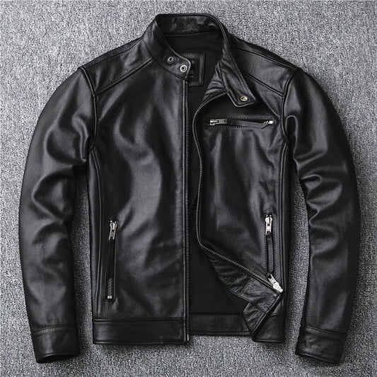 Free shipping.classic motor style,black genuine leather Jacket,fashion