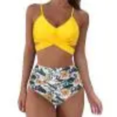 Women Criss Cross High Waisted String Floral Printed 2 Piece Bathing