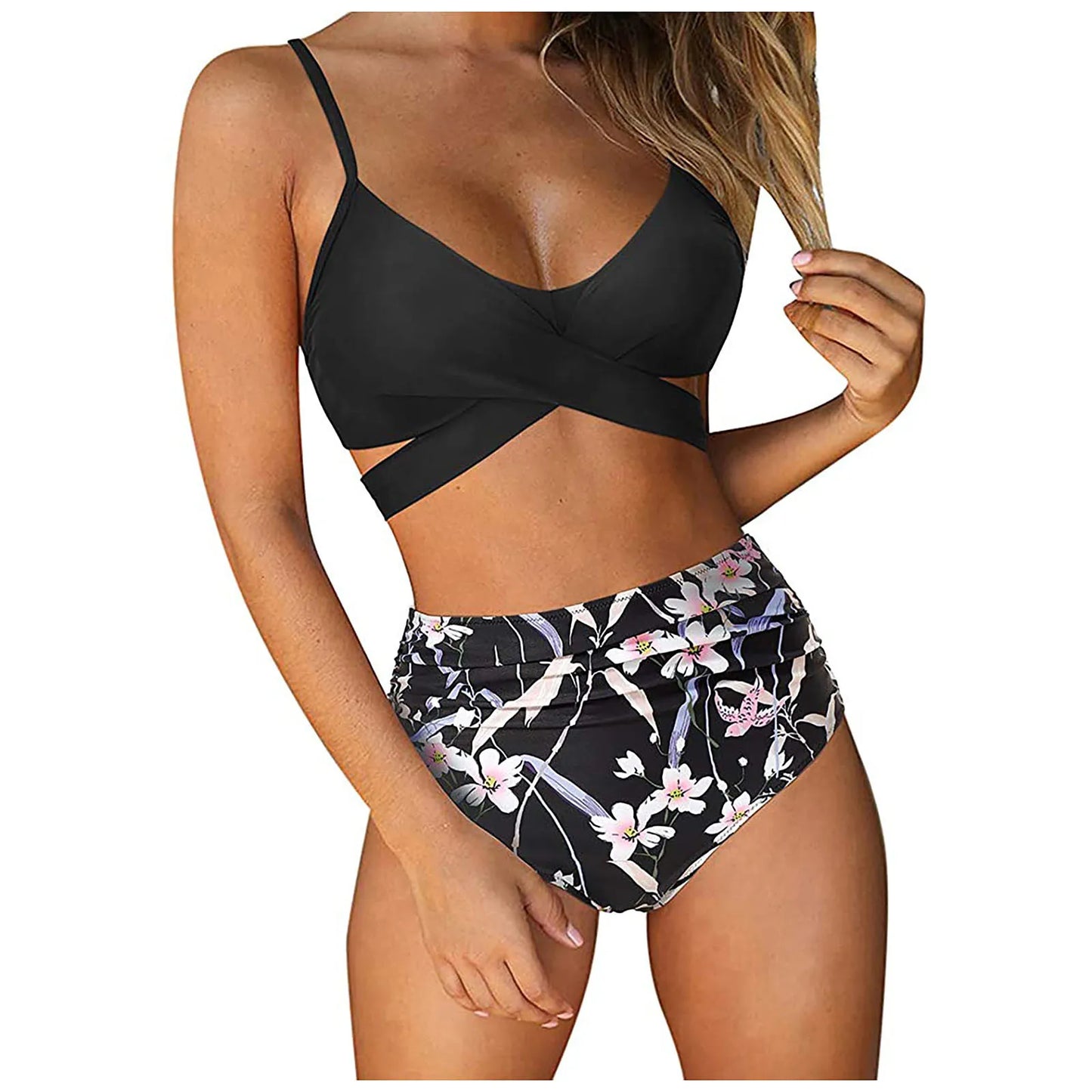 Women  Cross High Waisted String Floral Printed 2 Piece Bathing Suit