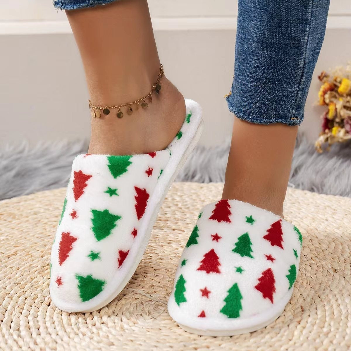 Christmas Tree Pattern Furry Slippers for Family