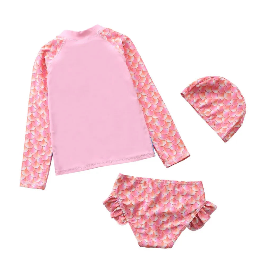 Kids Girls Swimsuit Two Piece With Swimming Cap Long Sleeve Bathing