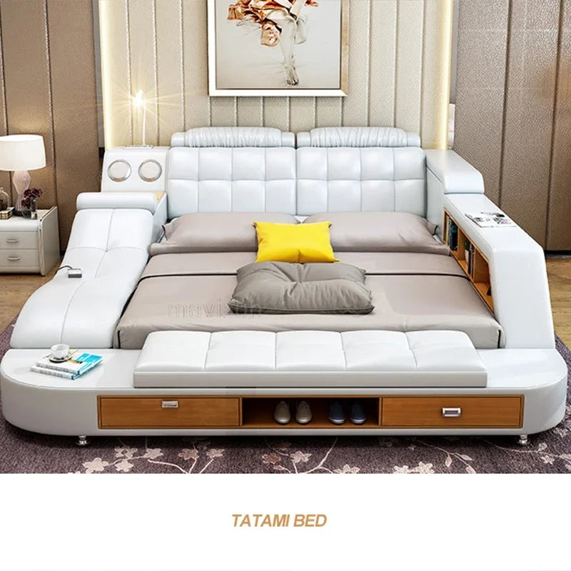 Multifunctional Master Bedroom Leather Queen Double Size Bed Modern