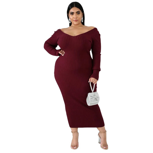 Plus Size Solid Color Long Sleeve Rib Pit Knit Cotton Mid-Calf Dress