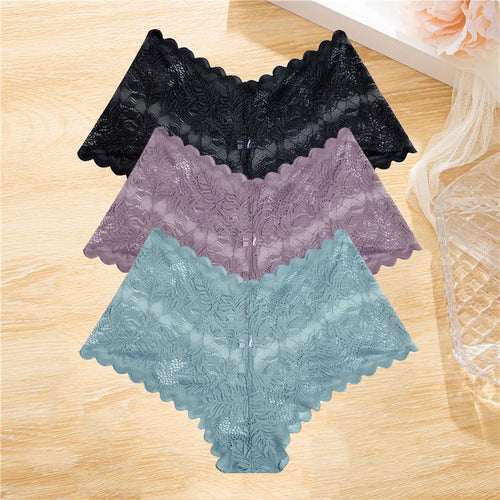 FINETOO 3Pcs/set Lace Boyshort Panties Women Low-Rise Floral Underwear