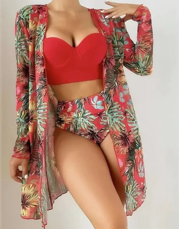 2023 New 3 Piece Bikini Set High Waist Swimsuit Women Long Sleeve