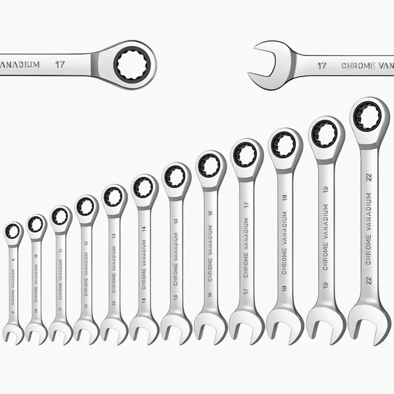 Ratcheting Combination Wrench Set,12 Point Box End and Open End Wrench