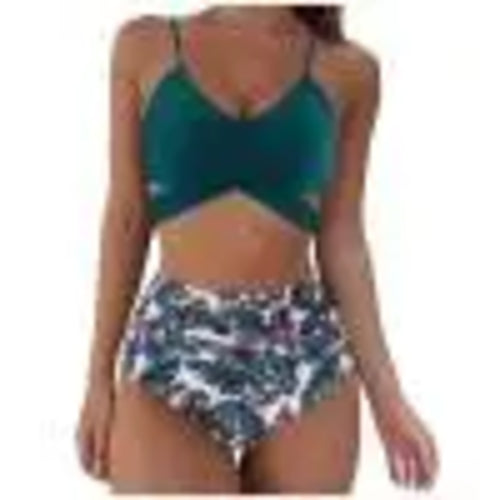 Women Criss Cross High Waisted String Floral Printed 2 Piece Bathing