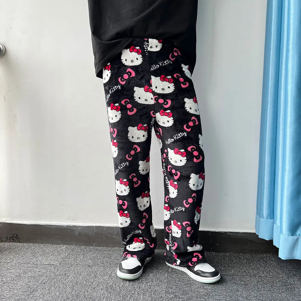 Sanrio Hello Kitty Flannel Pajamas Black Women'S Warm Woolen Cartoon