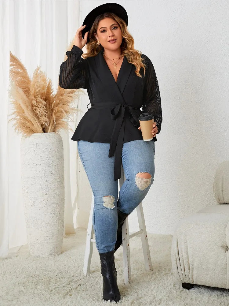 Plus Size Wrap V Neck Lace-Up Women Blouse See Through Long Sleeves