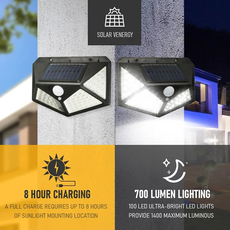 100 LED Solar Wall Lamp 4 Sides Luminous With Motion Sensor Human