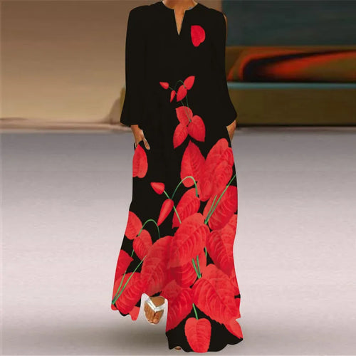 2023 New Plus Size Women Dress Autumn Winter Floral Printed Maxi