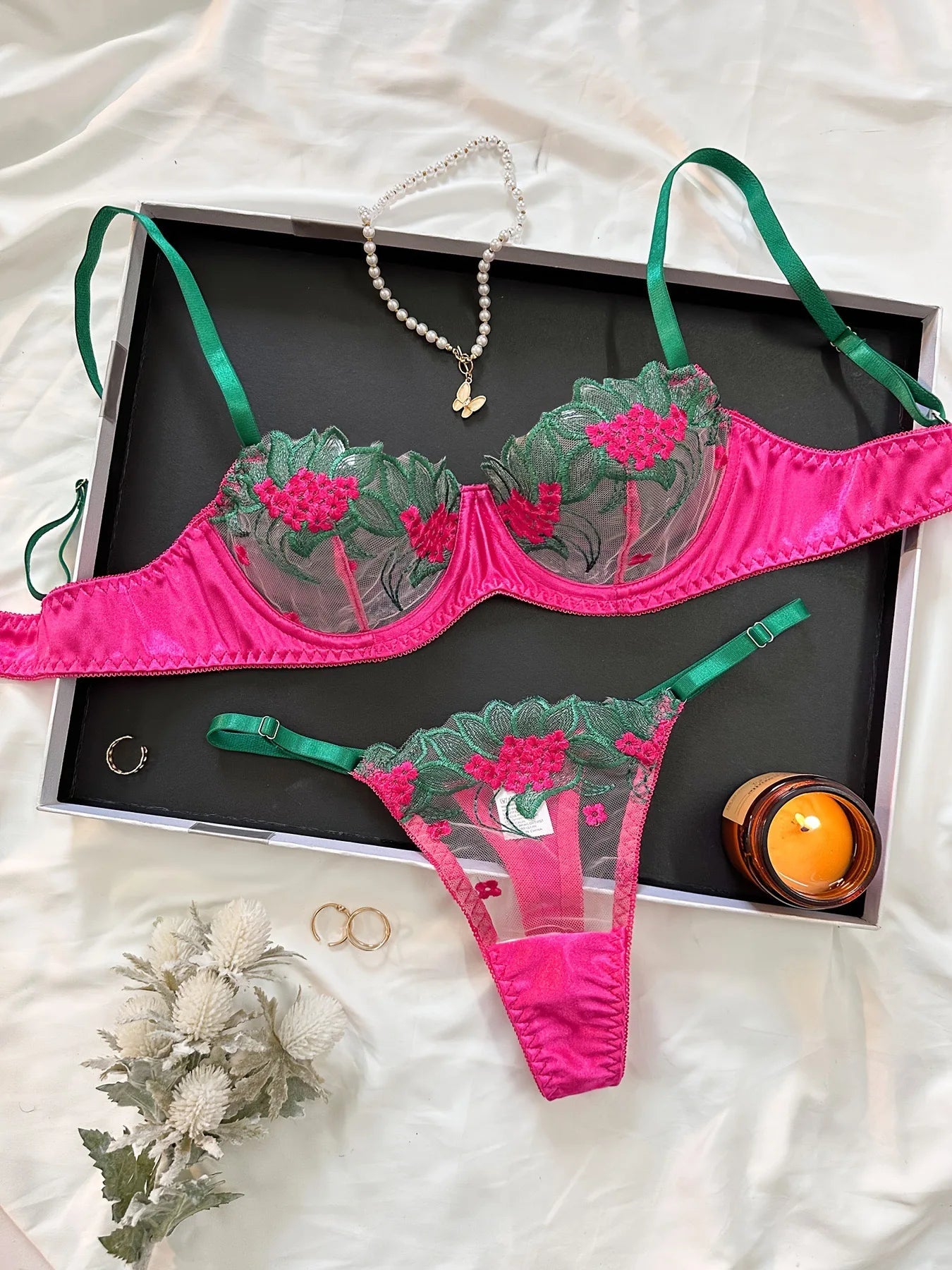MIRABELLE Fancy Lingerie Floral Lace Bra Set 2 Piece Luxury Underwear