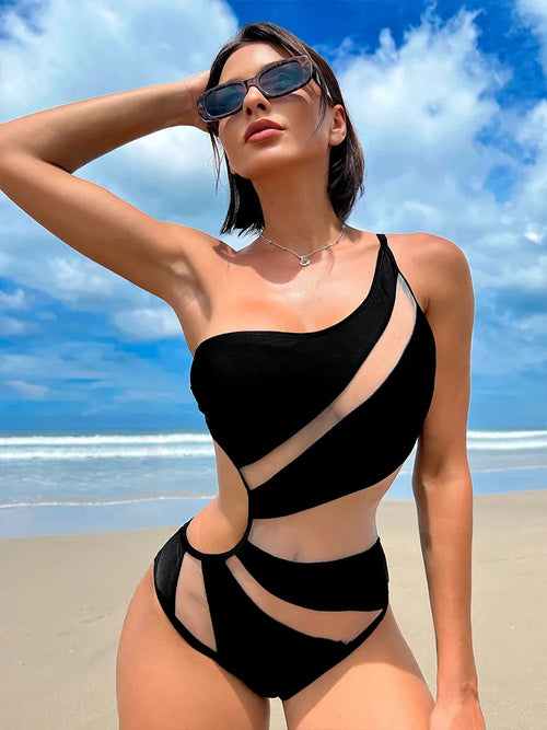 In-X Sexy One Shoulder One Piece Swimsuit Mesh Patchwork Swimwear